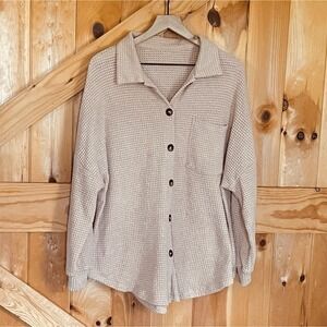 Tan Waffle Knit Button Down Woman's Large Shirt‎ Shacket Long Sleeve Collared